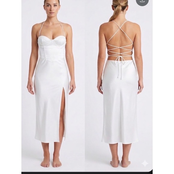 Zara Dresses & Skirts - Zara White Satin Corset Maxi Dress Lace Up Back High Slit XS Bridal Old Money